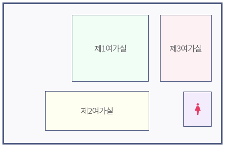 지하 1층 상세도 - 지하 1층에는 제1여가실, 제2여가실, 제3여가실, 여자화장실이 있습니다.